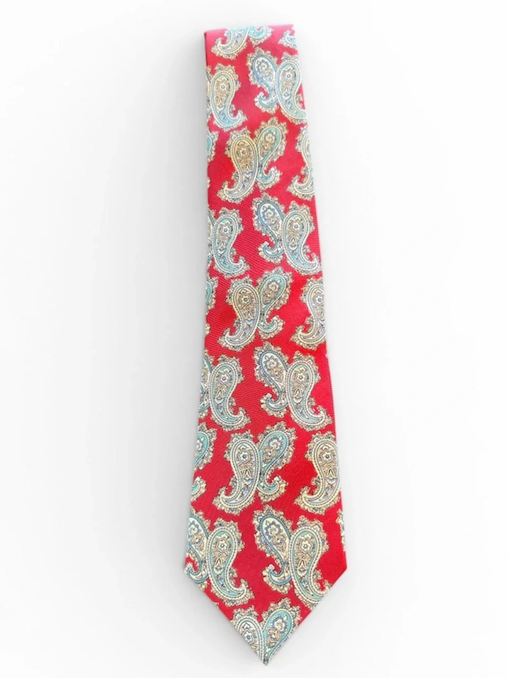Vintage Dior Monsieur Red Paisley Silk Tie with Cream and Light Blue Accents